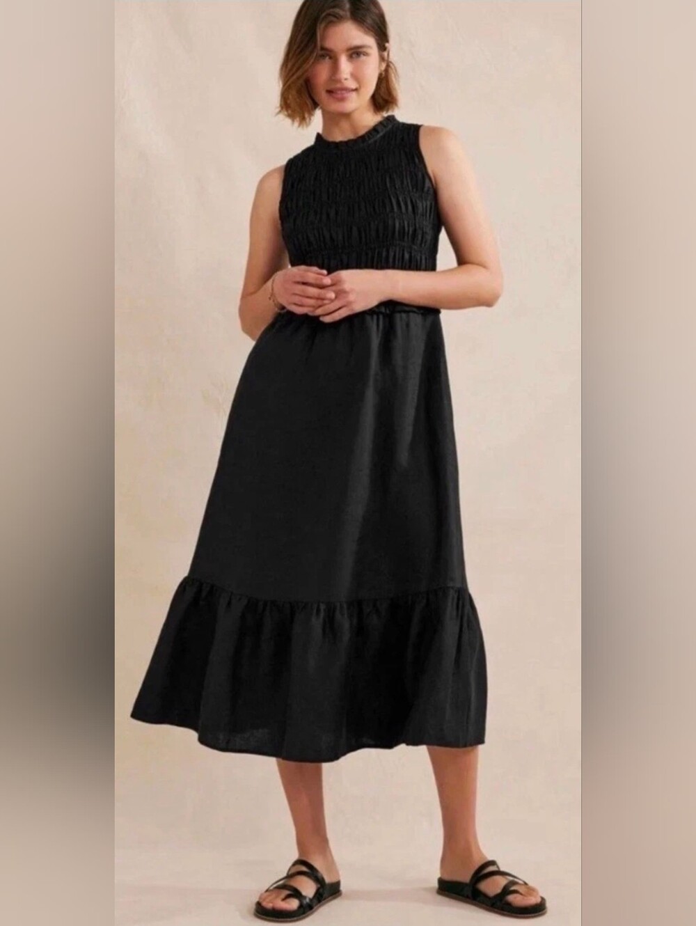 Boden Black Smocked Linen Midi Dress with Ruffle Hem - Size 14R